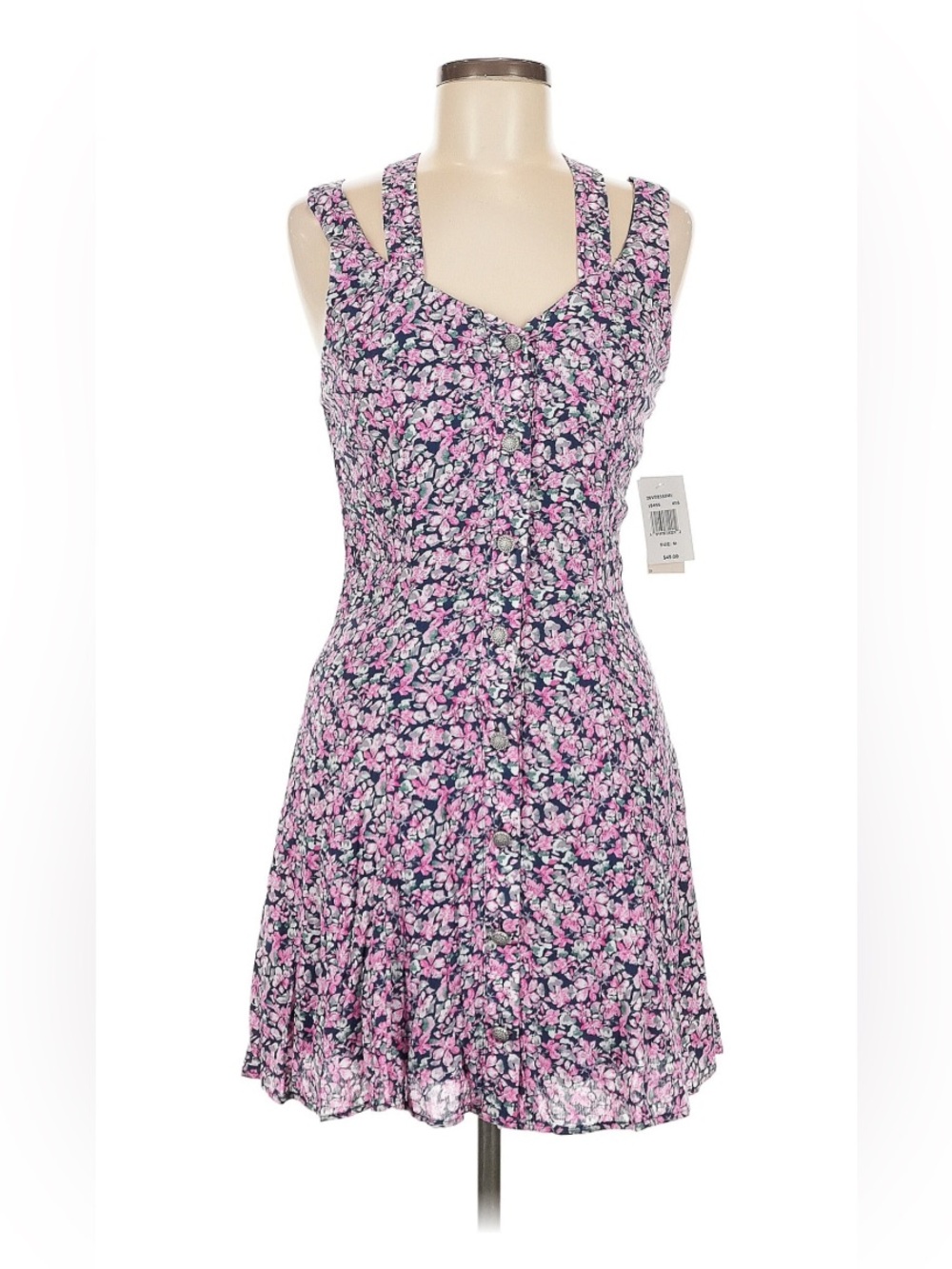 Sleeveless Pink Floral Mini Dress with Navy Base